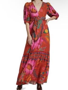 FARM Rio | Dresses | Farm Rio Leaves Print Long Sleeve Maxi Dress In Leaves  Pink | Poshmark
